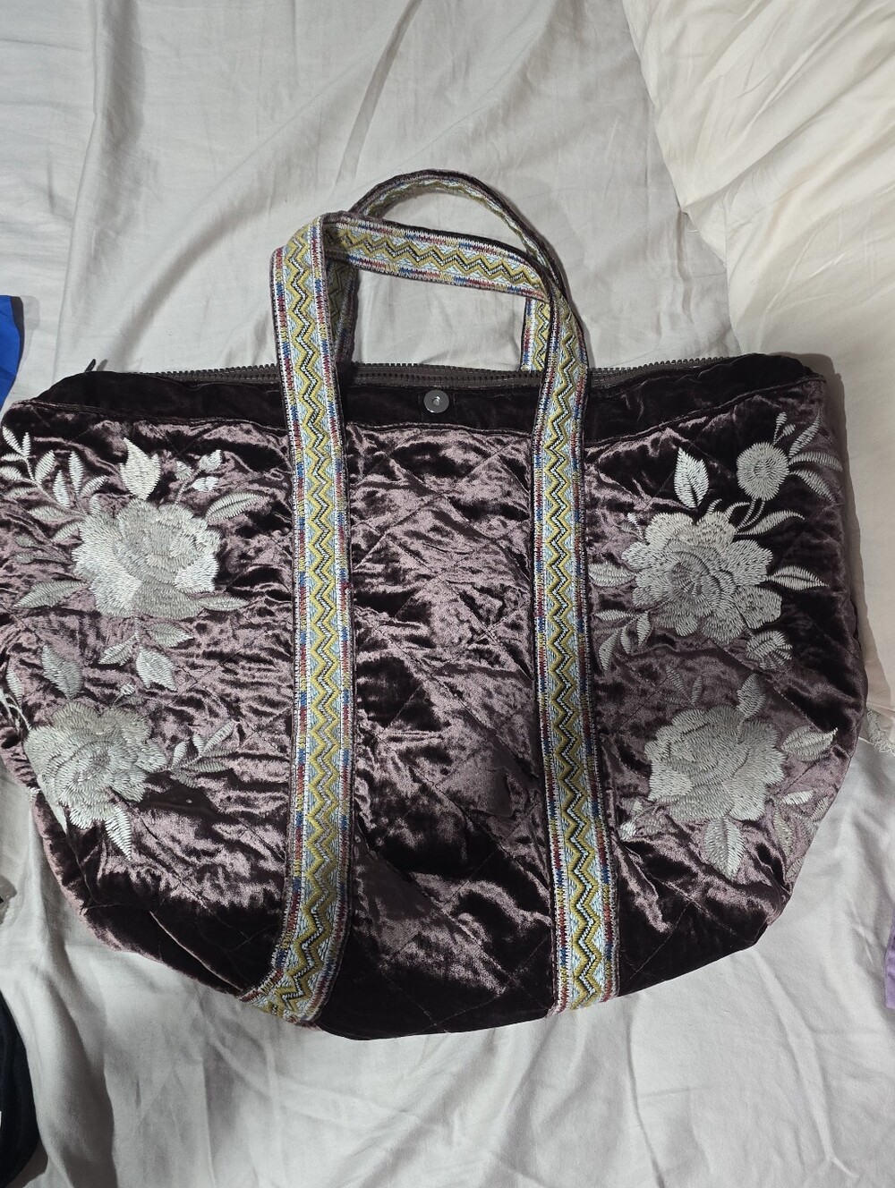 Embroidered Velvet Tote Bag in Deep Plum